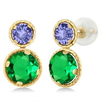 Gem Stone King 14K Yellow Gold Green Nano Emerald and Blue Tanzanite Earrings for Women (2.14 Cttw, Gemstone May Birthstone, Round Cut 6MM and 4MM)