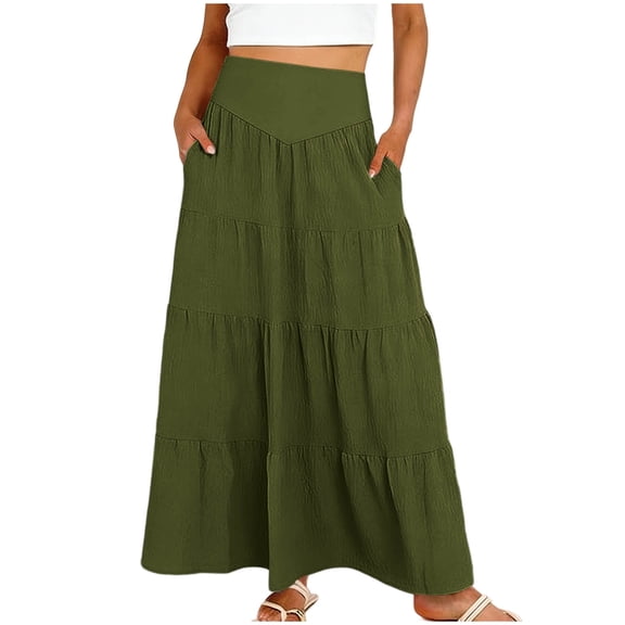 GUACER Women's High Waisted Tiered Maxi Skirt with Pockets Boho A-Line Flowy Long Skirt Lightweight Summer Swing Skirts