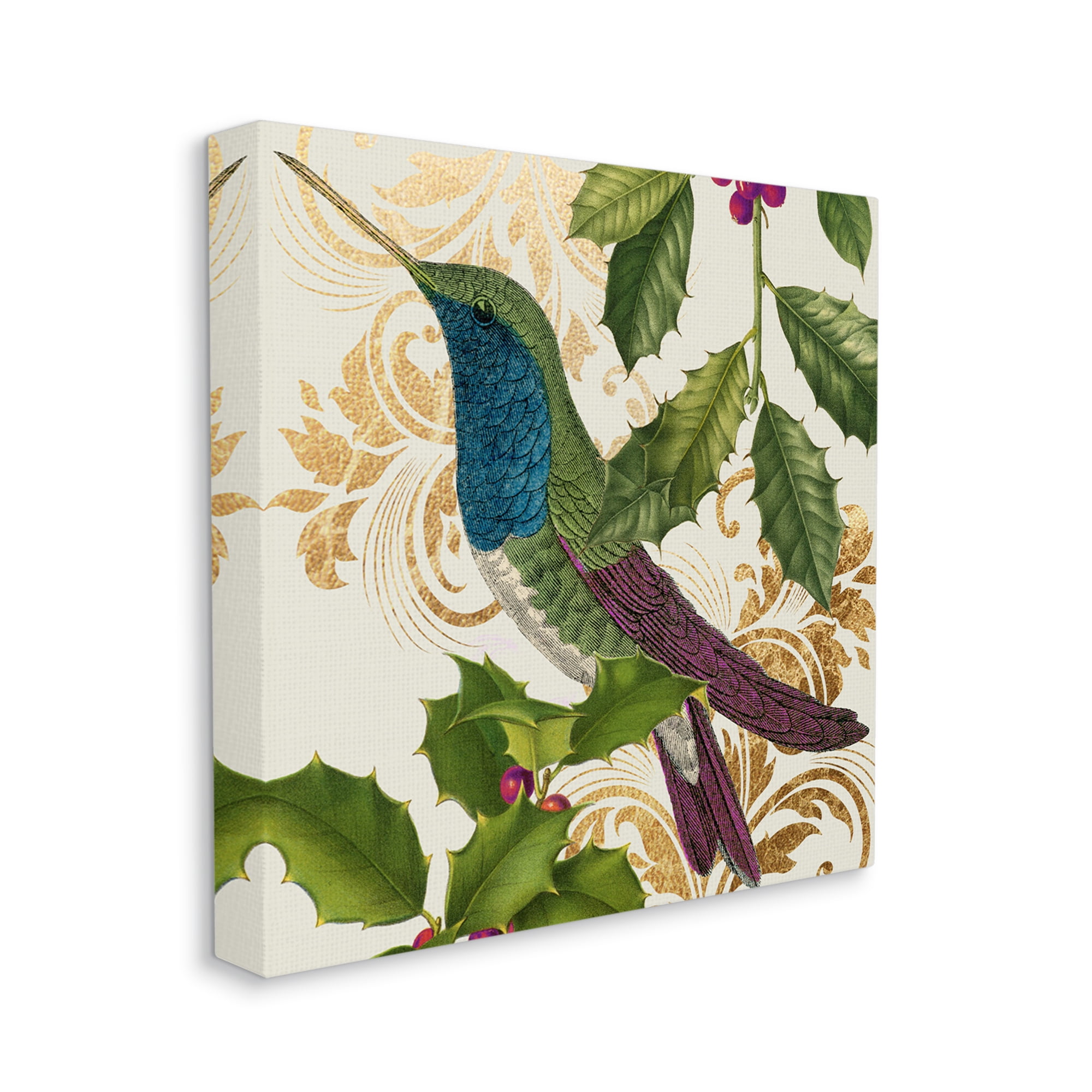 Stupell Industries Curious Hummingbird Golden Pattern Winter Holly Bird,30 x 30, Design by Daphne Polselli