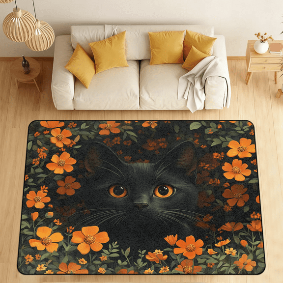 CURLYOOT Black Cat Area Rugs for Living Room Bedroom, 4' 10" x 6' 8" Washable Rug, Spring Flower Floor Carpet with Non Slip Backing for Dining Room Indoor