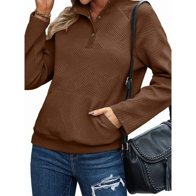 Womens Casual Textured Long Sleeve Henley Button V Neck Loose Pullover Trendy Fall Outfits Tops Coffee Brown S