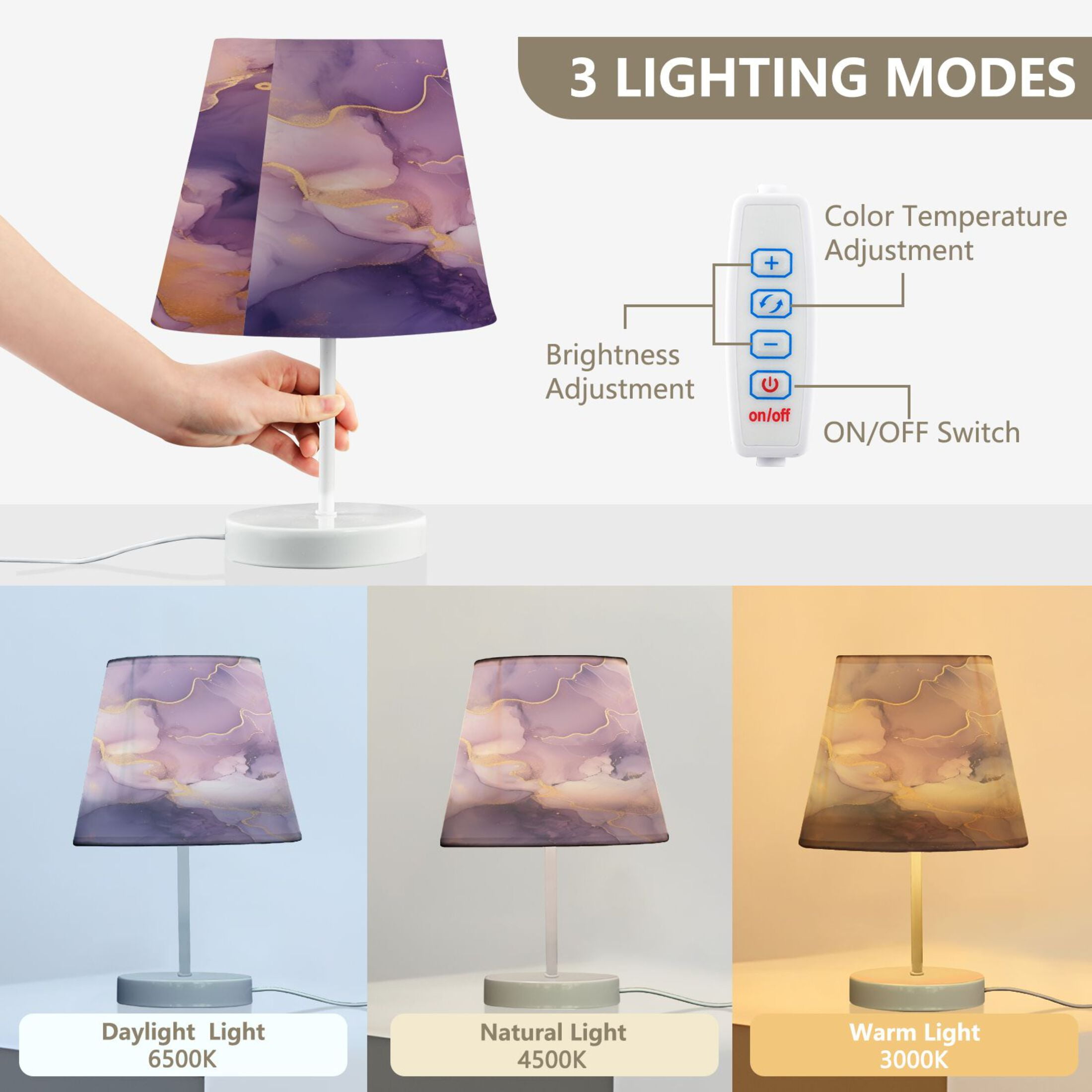 Purple Lilac Gold Marble Desk Lamp LED Table Nightstand Lamps with 3 Color Temperatures for Home Bedroom Living Room Decor 6x11