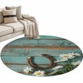 thumbnail image 2 of Round Area Rug 3 Ft, Daisy Flower Washable Non-Slip Circle Carpet for Living Room/Bedroom, Vintage Horseshoes Farmhouse Wooden Grain Teal Low-Profile Small Floor Mats Collection Rugs for Indoor, 2 of 7