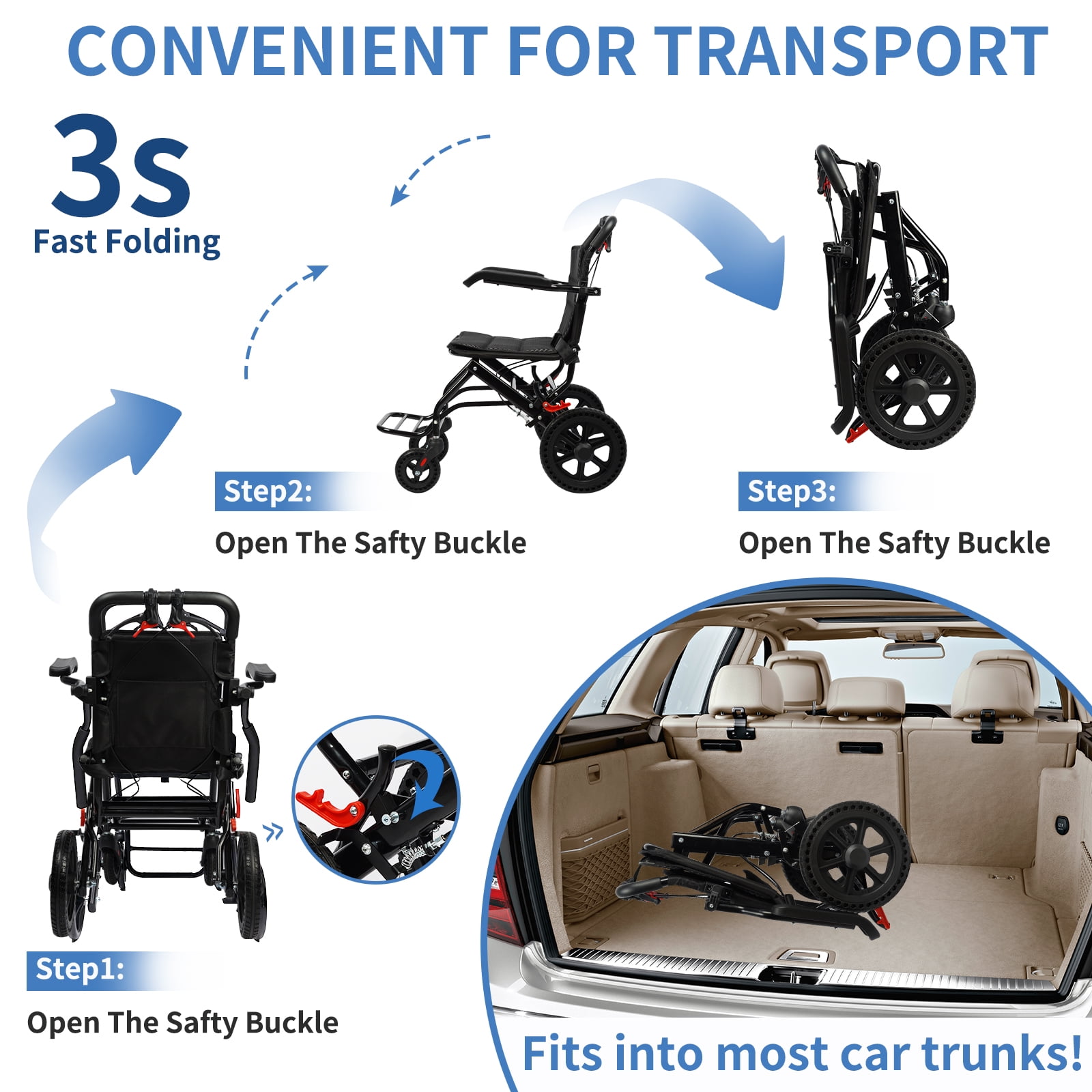 Large Portable Aluminum Transport Wheelchair | Handbrake & 12" Rear Wheels | Lightweight Folding Travel Chair for Adults & Kids | Black (Seat Width: 18")