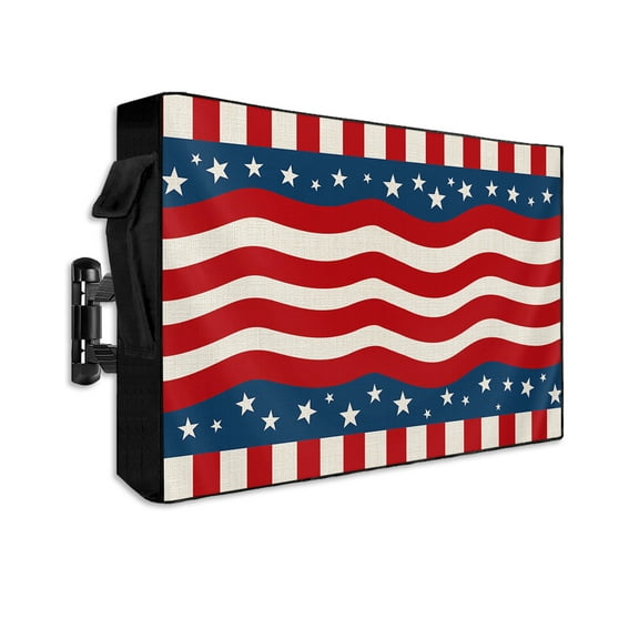 4th of July Outdoor TV Cover 30 to 32 Inch Weatherproof, Red Beige Stripes Independence Day 600D Oxford TV Covers with Waterproof Zipper, Outside Flat TV Screen Protector Size 30"W x 19"H x 4.5"D