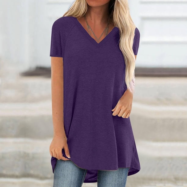 ICHUANYI Clearance Women's Long Shirt Short Sleeve T-Shirt Oversize Tops Large Sizes Summer V-Neck Casual Loose Blouse Casual Basic Tee Tunic Tops(Purple, M) Ichuanyi Ichuanyi