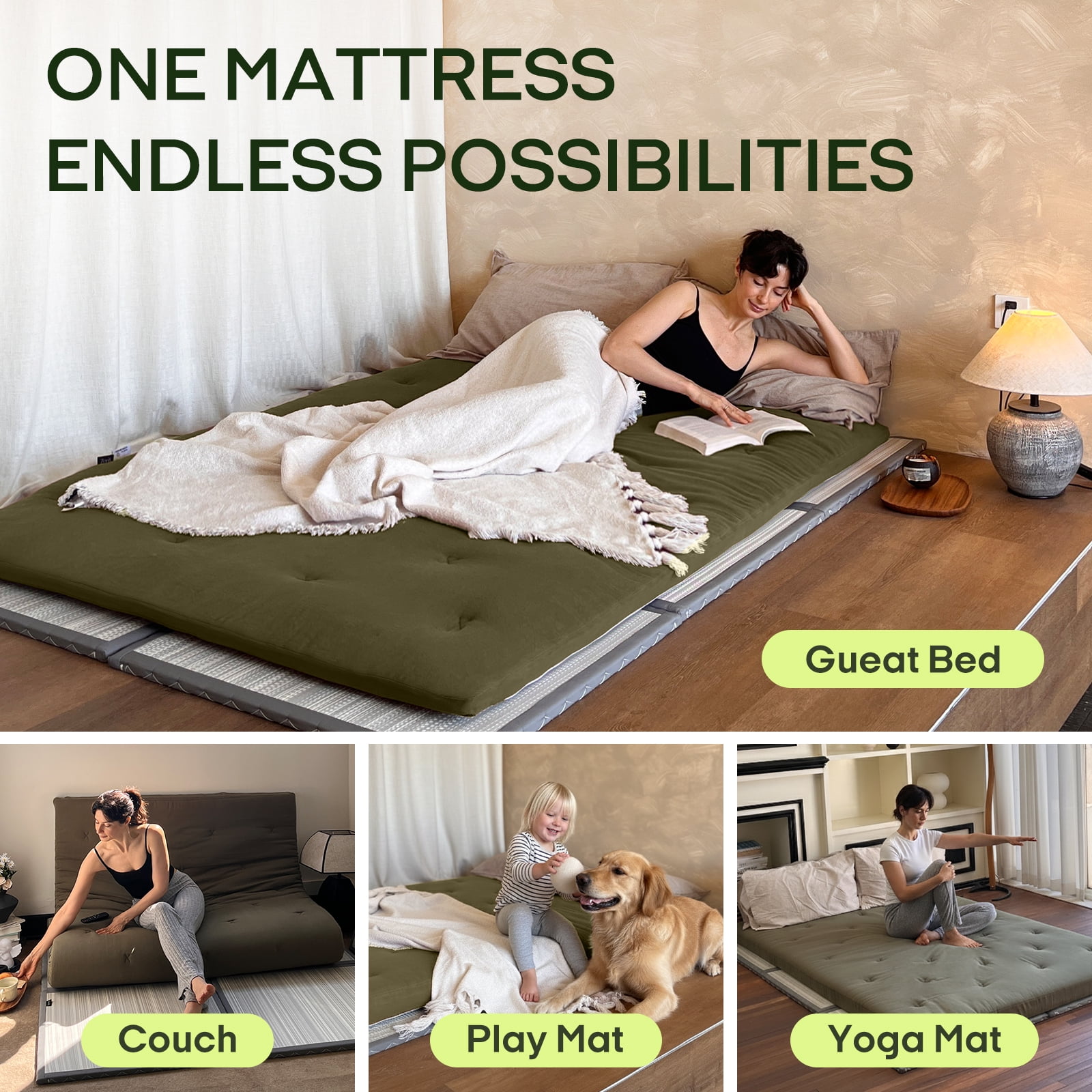 Zonli Japanese Floor Futon Mattress, 2.5" Cotton Folding Tatami Pad, Queen 80"x60", Green
