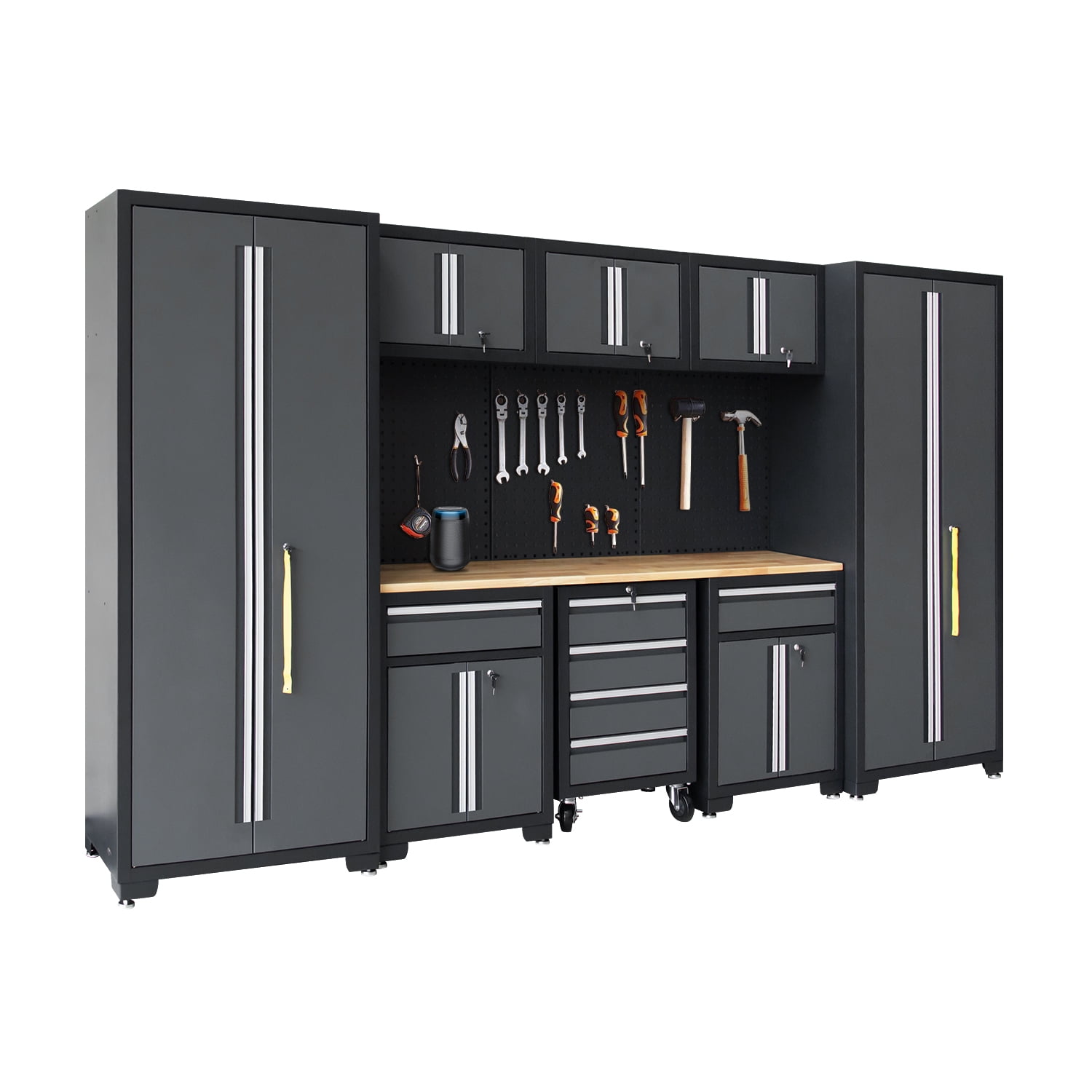 HPDMC 9-Piece Garage Shop Tool Storage Cabinet Set with Pegboard and Wooden Work Top 24 Gauge Steel Tool Chests & Garage Mounted Storage Systems - Black+Gray