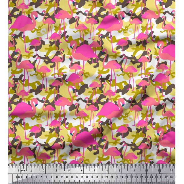 Soimoi Poly Georgette Fabric Camouflage Texture & Flamingo Bird Printed Fabric 1 Yard 42 Inch Wide