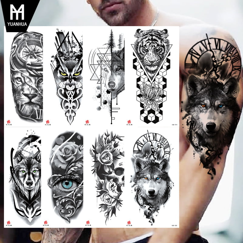 22 Sheets 3D Forearm Half Sleeve Temporary Tattoos For Men Women Adults,  Large Tribal Lion Warrior Tiger Wolf Flower Skull Fake Tattoo Stickers  Halloween, (random pattern) 