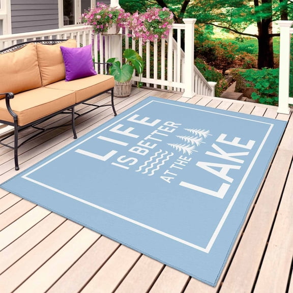 Blue Outdoor Rug for Patio/Deck/Porch, Non-Slip Large Area Rug 4 x 6 Ft, Mountain Forest Tree Life Is Better at The Lake Indoor Outdoor Rugs Washable Area Rugs, Reversible Camping Rug Carpet Runner