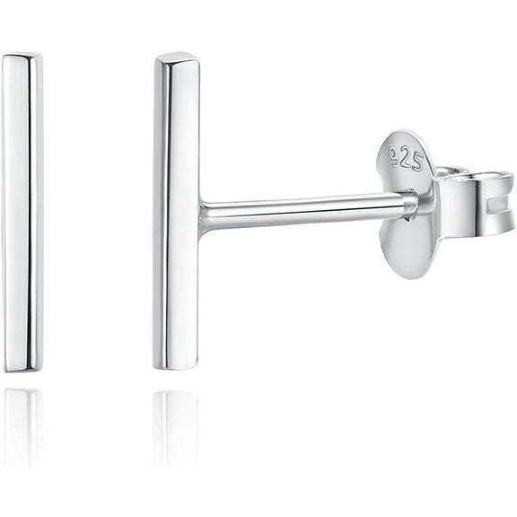 Rhodium Plated 925 Sterling Silver Dainty Small Simple Mini Bar Stud Earrings for Women