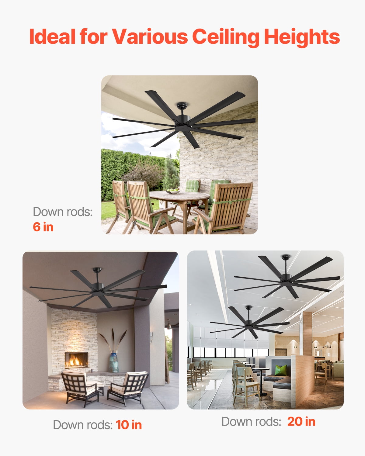 VEVOR 84 In Ceiling Fan without Light,6-Speed Remote Control, Aluminum 8-Blade, Reversible DC Motor, Modern Low Profile Flush Mount Exterior Fan for Bedroom, Living Room,Patio, Indoor/Outdoor, Black