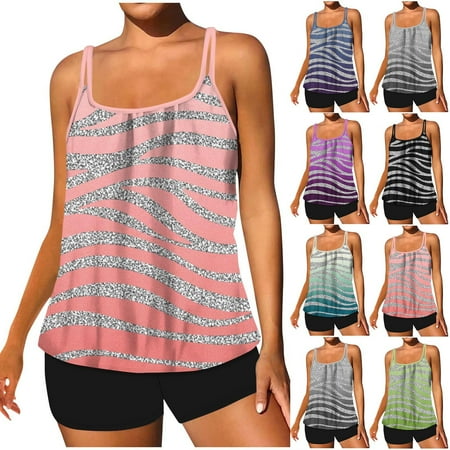 Frostluinai Tankini Swimsuits for Women Striped Bathing Suits Two Piece Color Block Adjustable Strap Boyshorts Beach Swimwear Clearance Deal