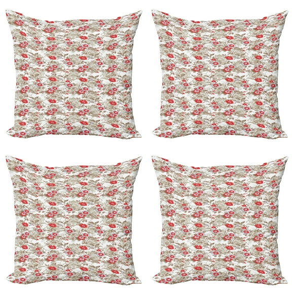 Ambesonne Nature Throw Pillow Cover 4 Pack, Vintage Floral Leaves Ornate, 16", Pink Sepia