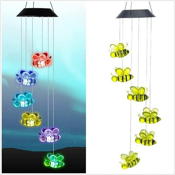 Solar Wind Chime Light Outside, Mobile Hanging Wind Chime for Home Garden Decoration, Automatic Light Changing Color, Bee shape