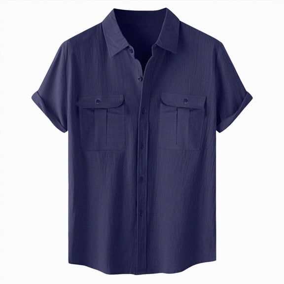 Hessimy Mens Short Sleeve Button Down Two Pockets Soft Vintage Regular Fit Vintage Casual Shirts,Pocket(Navy,M)