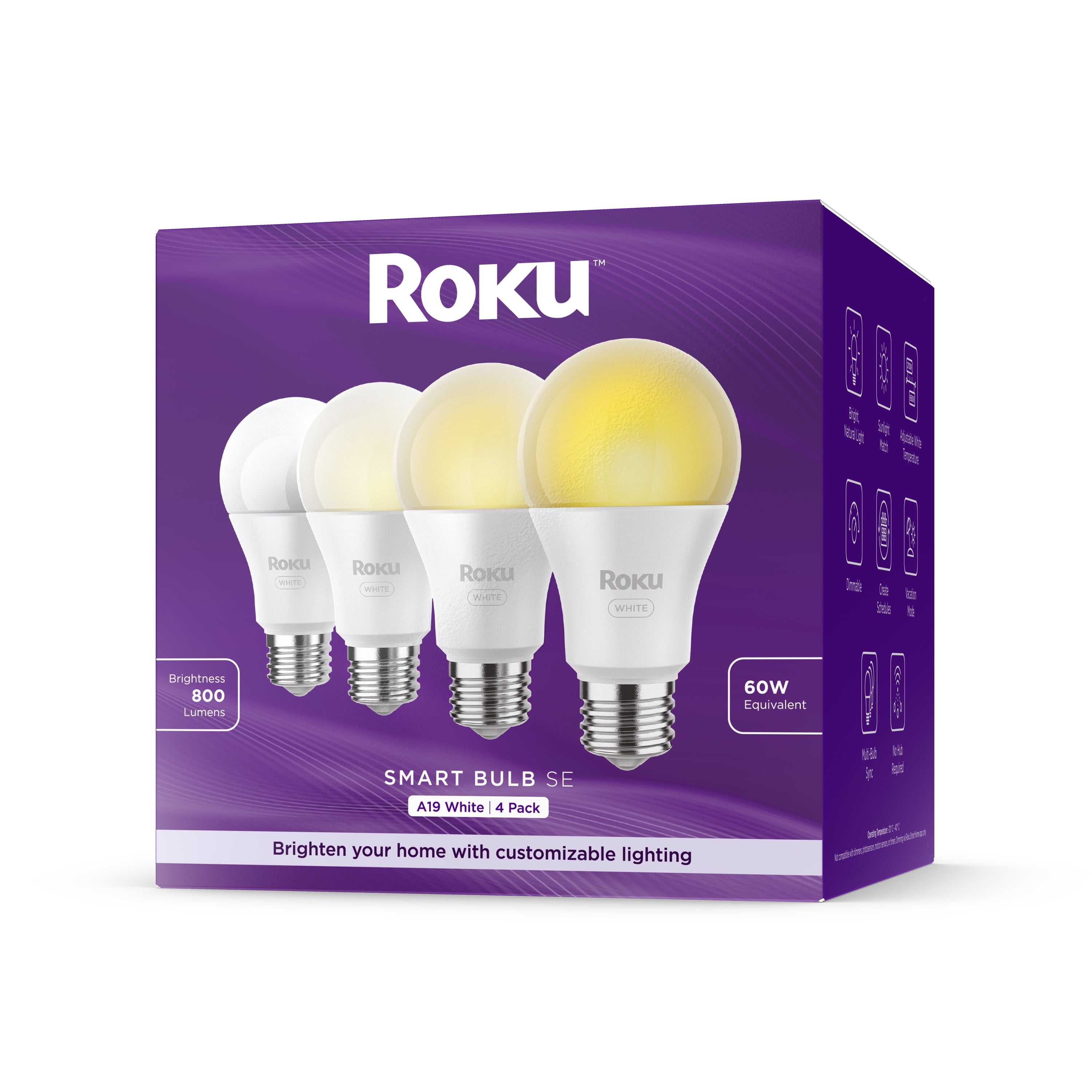Roku Smart Home Smart Bulb SE (White) 4-Pack with Adjustable Brightness and Temperature - 9.5 Watts