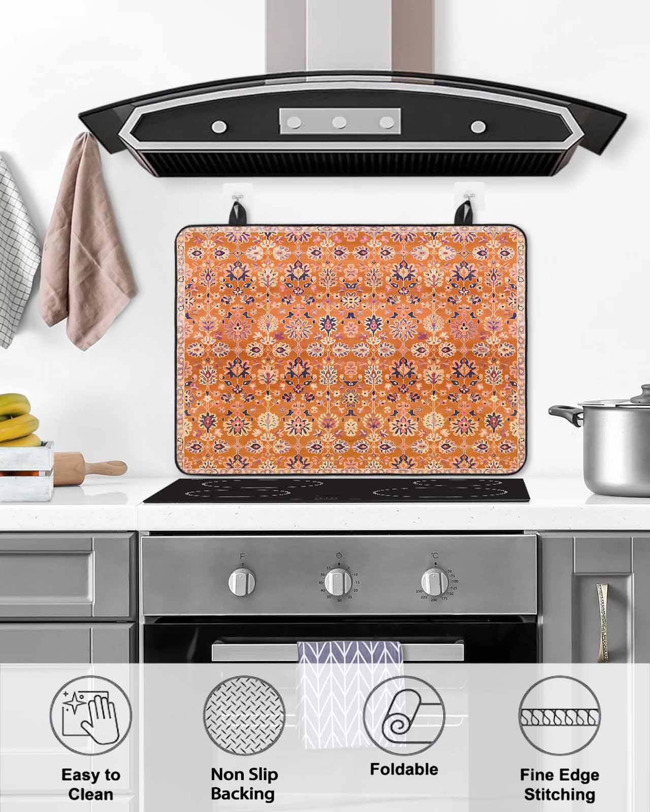 nqOlkjepod Large Induction Cooktop Protector Mat 24"x21", Boho Orange Stove Top Covers for Electric Stove, Country Style Bohemian Floral Retro Tribal Stove Burner Cover Mats, Glass Top Stove Cover