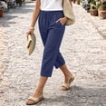 thumbnail image 4 of Petite Capris Pants for Women Summer Casual Loose Pull on Drawstring Elastic High Waist Straight 2026 Lounge Beach Cropped Trousers Navy S, 4 of 6