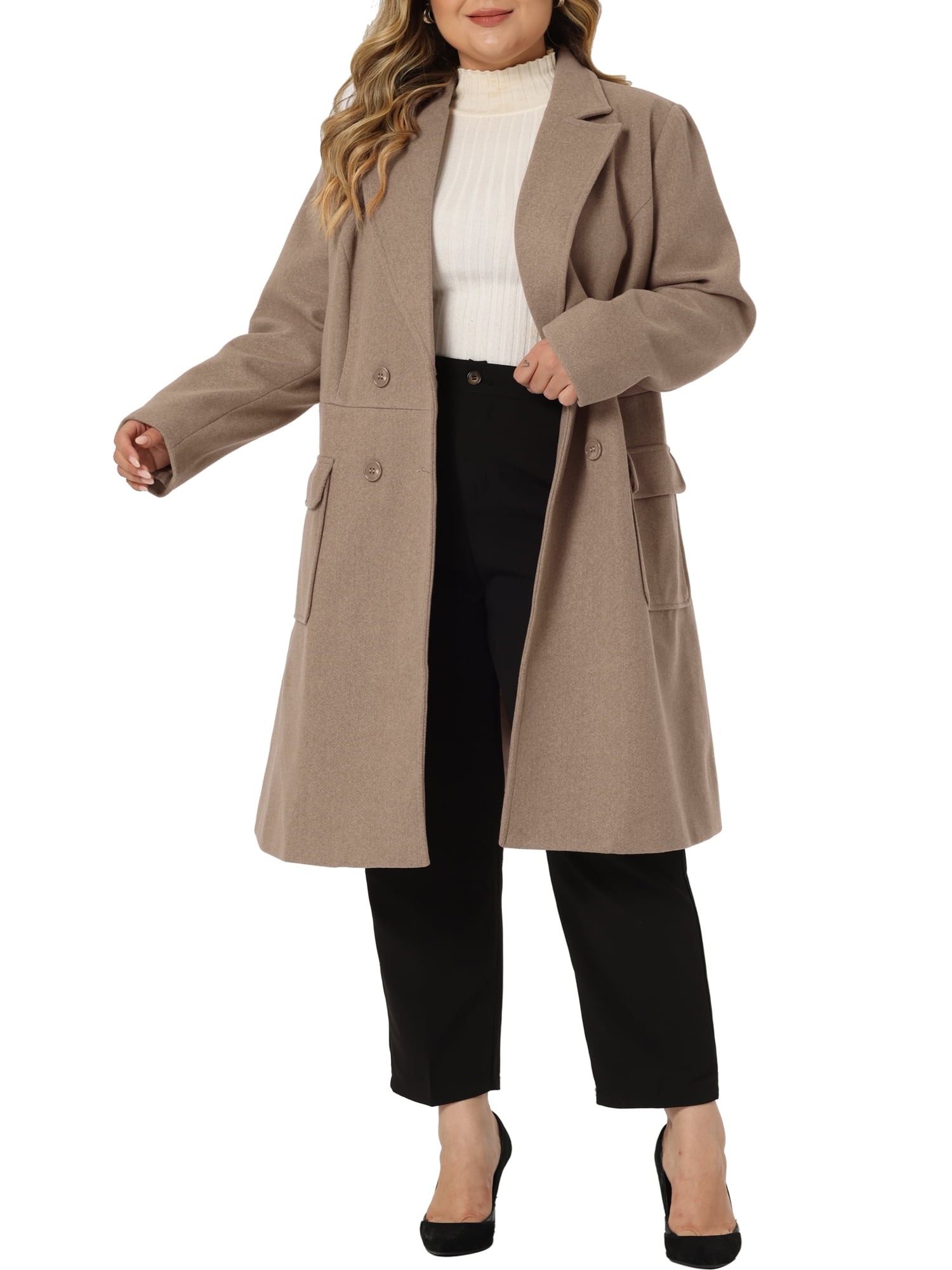 Unique Bargains Women's Plus Notched Lapel Double Breasted Long Coat Light Brown 4X