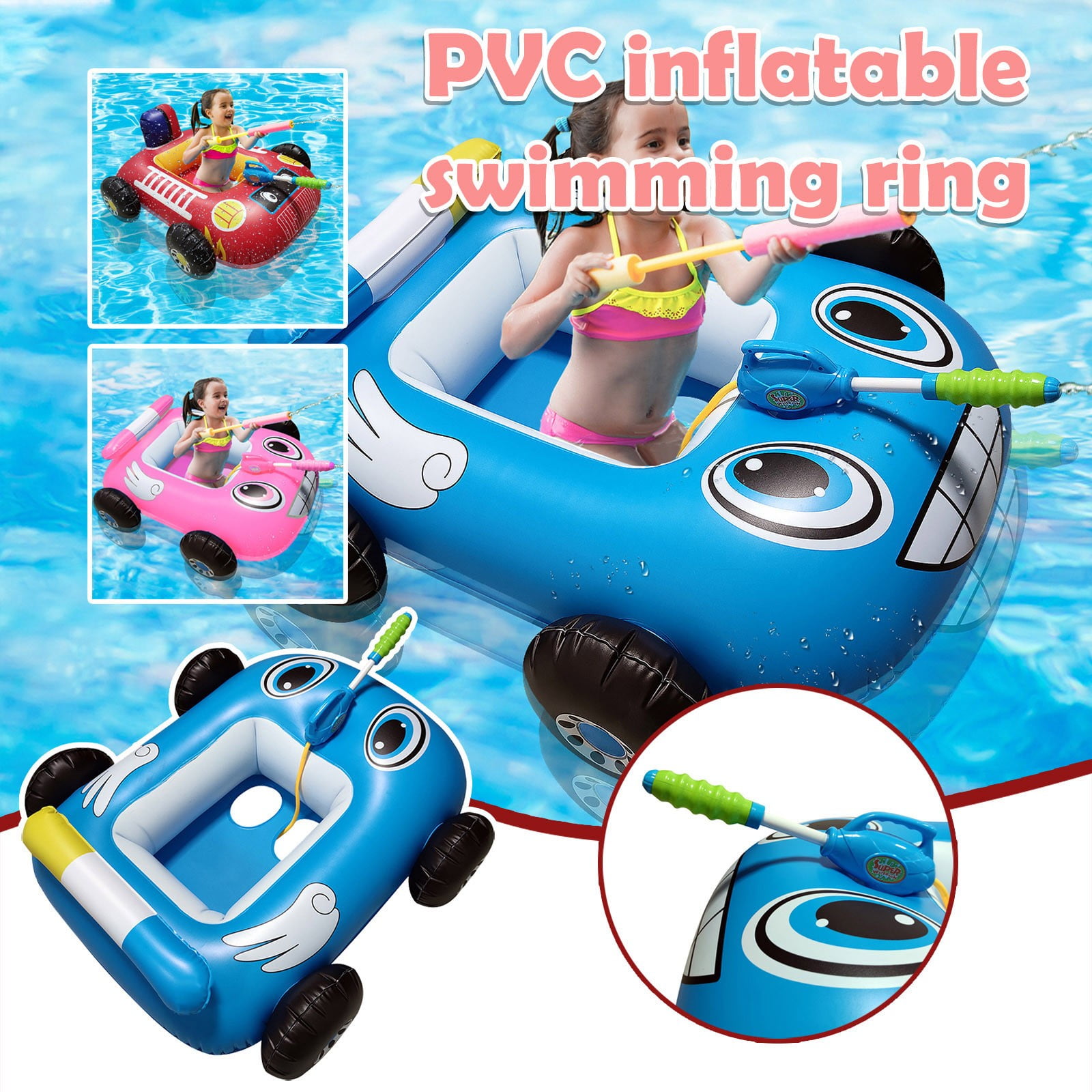 Decorr Pool Floats Kids, 31x33" Inflatable Pool Floats with Water Gun, Car-Shaped Ride-On Pool Float for Toddlers, Interactive Summer Water Toys with Built-in Sprayer, Blue