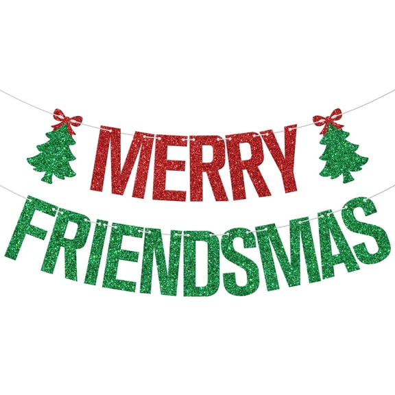 Merry Friendsmas Banner, Friends Christmas Party Decor, Merry Christmas Banner, Santa Tree Xmas Holiday Party Decorations, Green and Red Glitter
