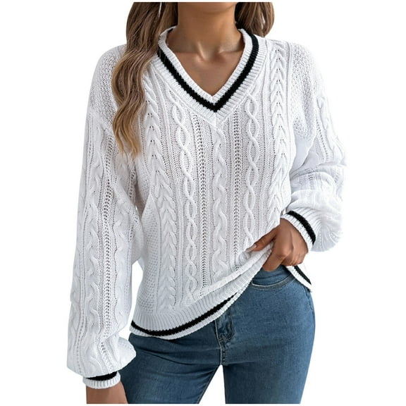 Htigea Preppy Womens Sweaters Cable Knitted V-Neck Long Sleeve Jumpers Fall Casual Loose Fit Pullover Tops White S