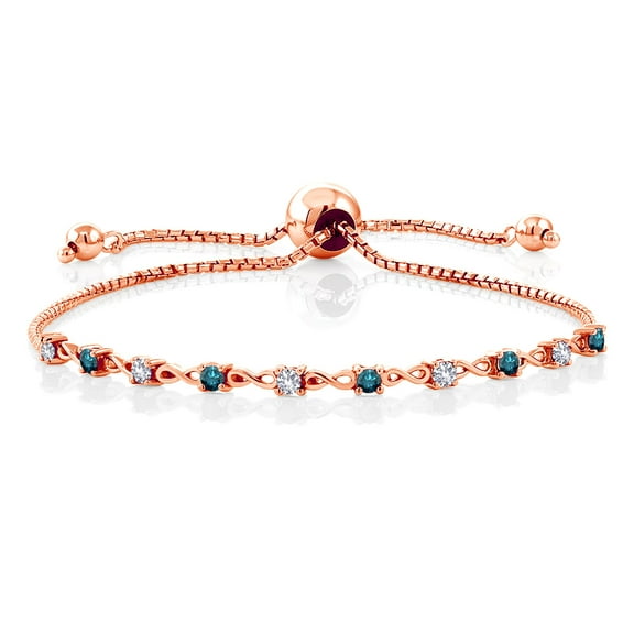 Gem Stone King 0.58 Ct White Created Sapphire Blue Diamond 18K Rose Gold Plated Silver Bracelet for Women