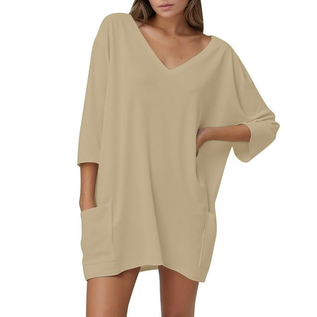 YFELWZ Womens Plus Size Tops Loose V Neck 3/4 Sleeve T Shirt Light Yellow S