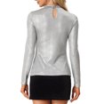 thumbnail image 3 of INSPIRE CHIC Women's Top Glitter Cutout Mock Neck Long Sleeve Party Sparkle Tops XS Silver, 3 of 6