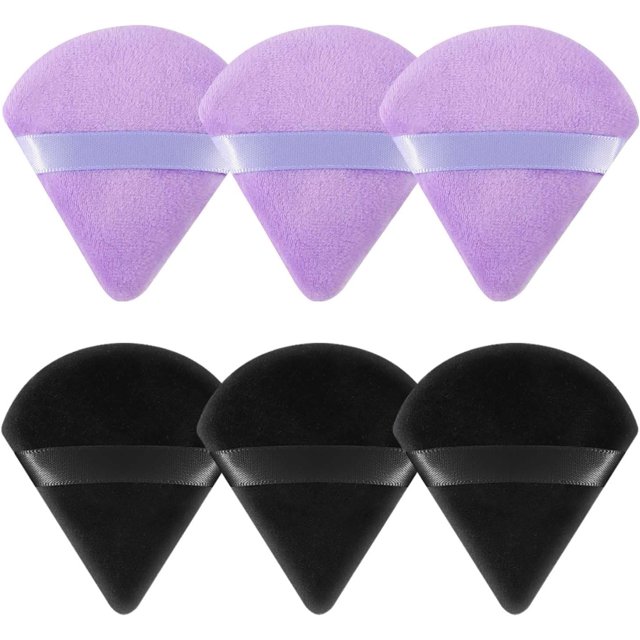Juego de 6 esponjas de maquillaje (negro, morado) Puff triangular de algodón para polvo, lavable y seco, con correa para caras, mujeres y niñas, maquillaje en polvo suelto