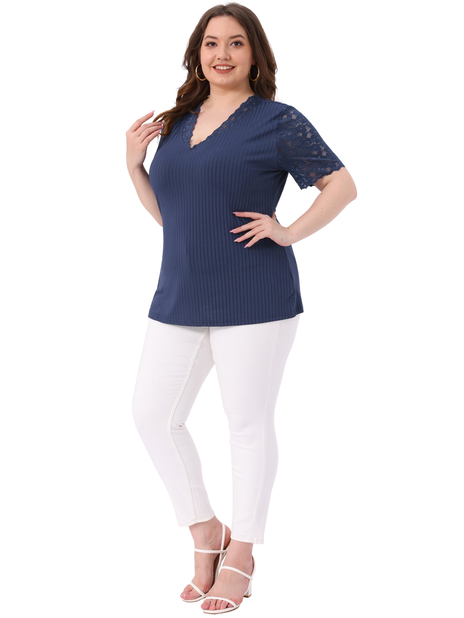 DARING DIVA Women's Plus V Neck Short Sleeve Lace Ribbed Knit Blouse 3X Navy Blue