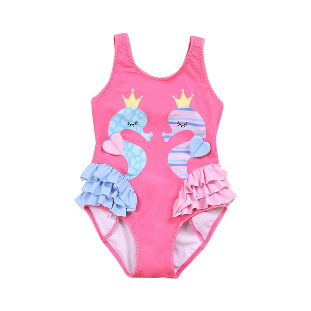 Toddler Little Kids Girls One Piece Swimsuits Cartoon Print Sleeveless Backless Ruffles Swimwear Spring Bathing Beach Suits 3 Y-4 Y