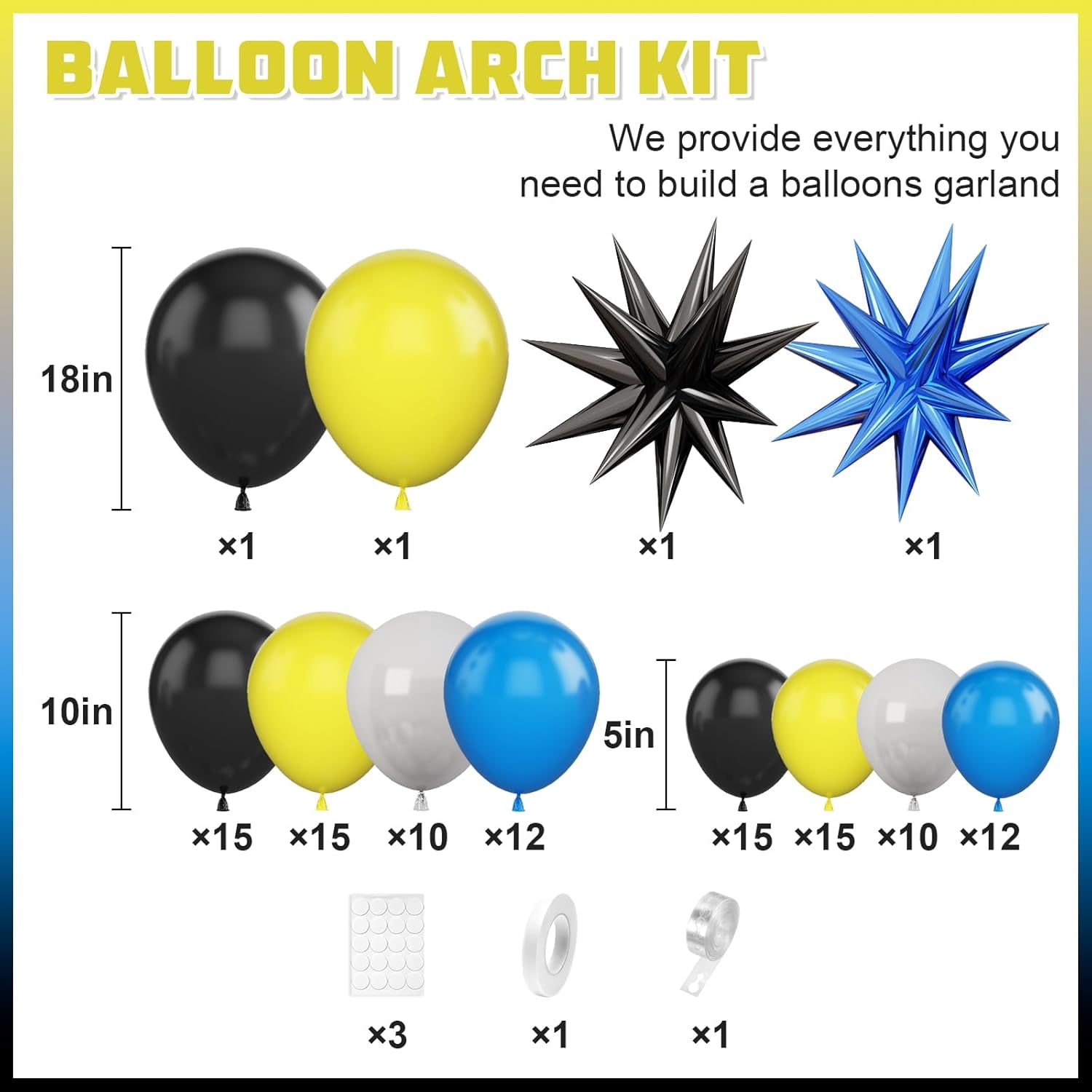Blue Yellow Black Balloon Arch Kit,Royal Blue Grey Balloon Garland with Star Foil Balloons for Boys Birthday Graduation Decorations
