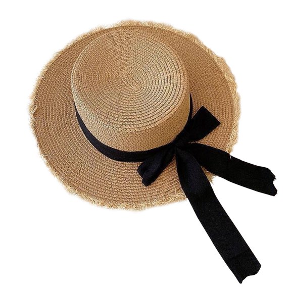 AirLoni Women Handmade Hollow Paper Straw Hat Curled Brim Raised Edge Adjustable Inner Band Foldable Packable Travel Beach Hats Outdoor Sun Hat Bowknot Hat Black,One Size
