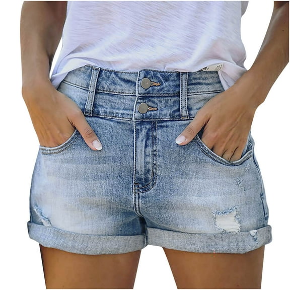 Women's Denim Shorts Casual Summer Mid Waist Ripped Raw Cut Hem Washed Distressed Stretchy Denim Jean Shorts