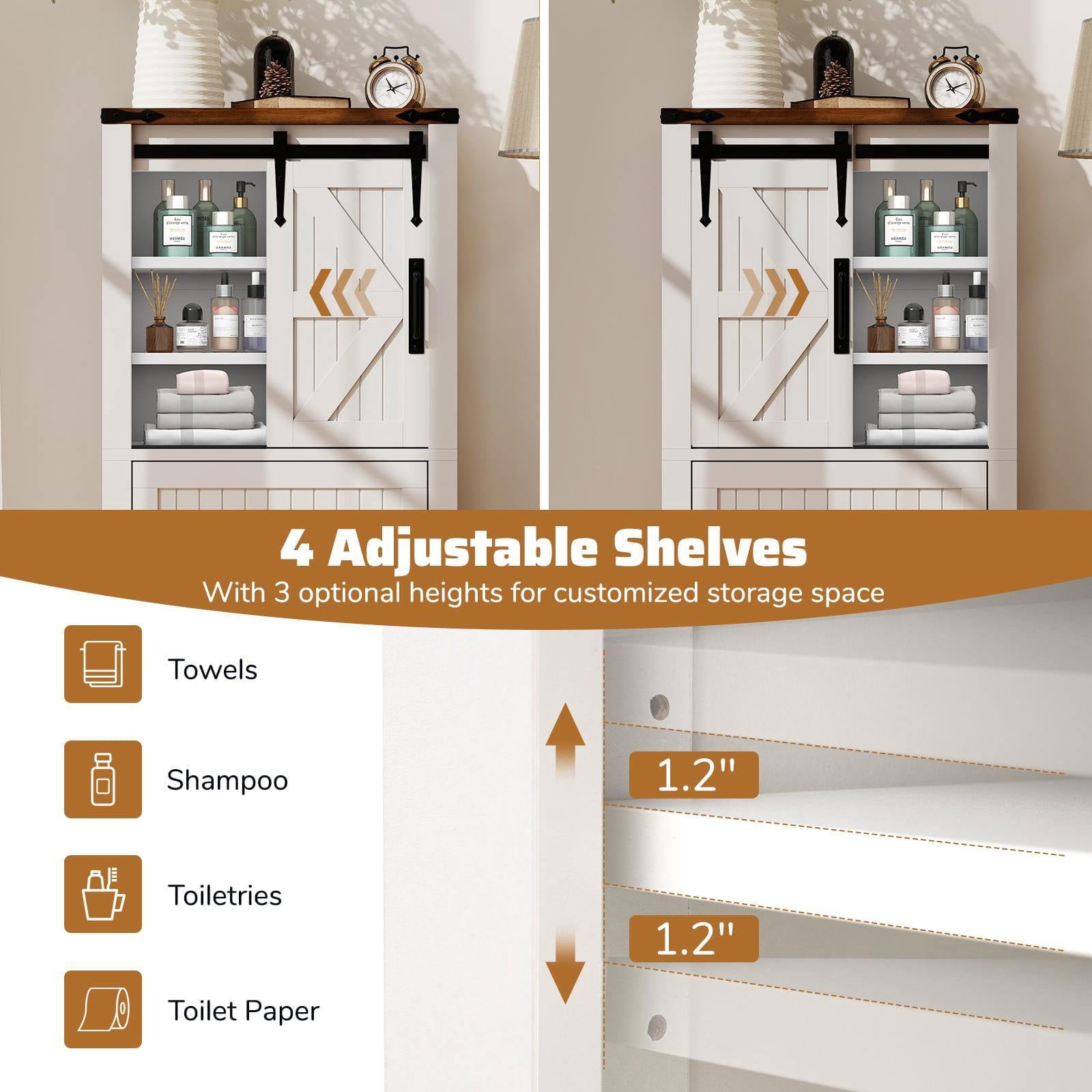 Resenkos Farmhouse Bathroom Floor Cabinet, Freestanding Wooden Organizer with Sliding Barn Door and Adjustable Shelves, Organizer with Anti-Toppling Design for Home, Bathroom, White