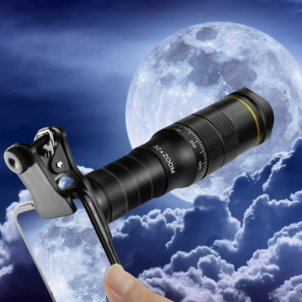 Lente para teléfono celular de 32 aumentos con clip, alta definición, kit universal, compatible con la mayoría de los teléfonos celulares, buena reproducción del color. Telescopio monocular.