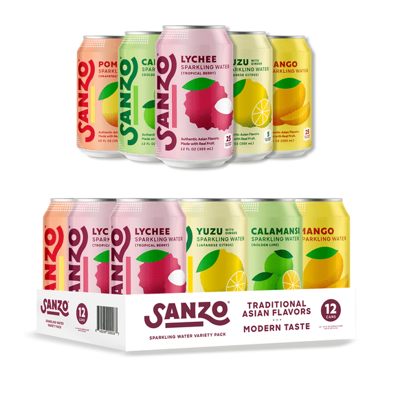 Sanzo Flavored Sparkling Water Variety Pack, Lychee, Calamansi, Yuzu, Pomelo, Mango, No Artificial Flavors, 12 fl oz, 12 Pack Cans