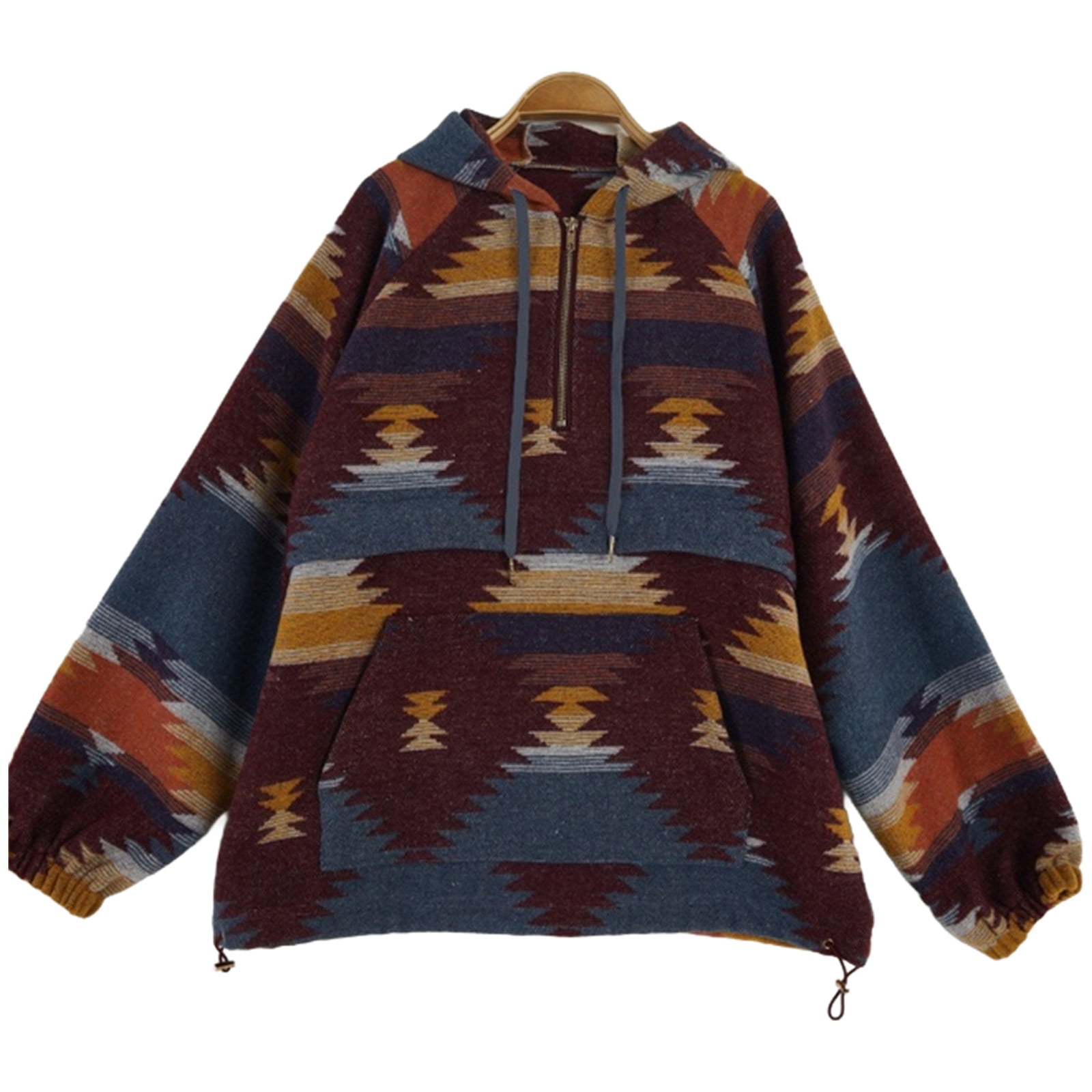 Long Sleeved Womens Aztec Half Zip Up Hoodies Sweatshirt Casual Oversized Ethnic Tribal Hooded Pullover Shirt Top