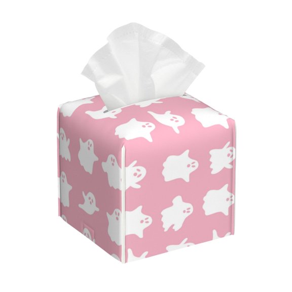 Leather Tissue Box Cover Square - ghost pattern pink Waterproof Tissue Box Holder Paper Case Organizer Dispenser for Modern Home Office Room Home Bathroom Decor