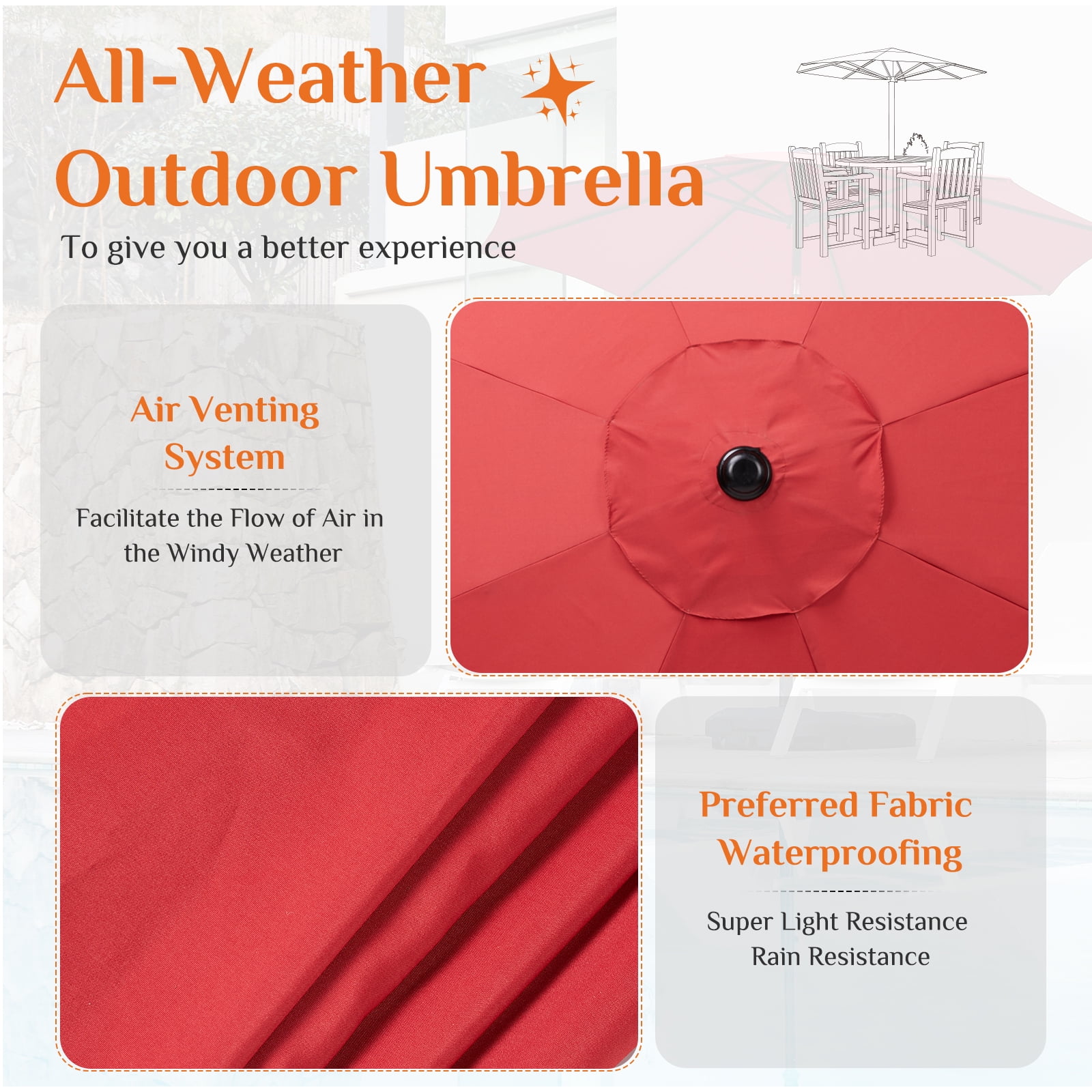 JIOABL Patio Umbrella - 9 ft Outdoor Shade with Crank, 5-Rib Design & UV15+ Fabric for Balcony or Deck, Red