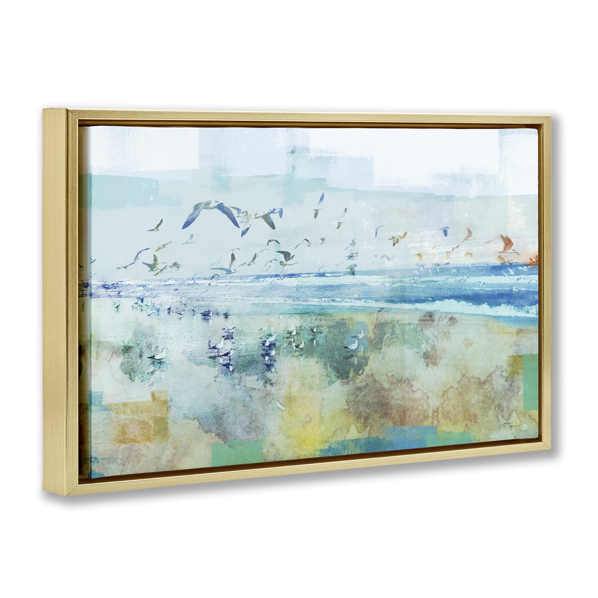 Stupell Industries Abstract Birds Over Beach Abstract Painting Gold Floater Framed Canvas Art Print Wall Art, 31 x 21