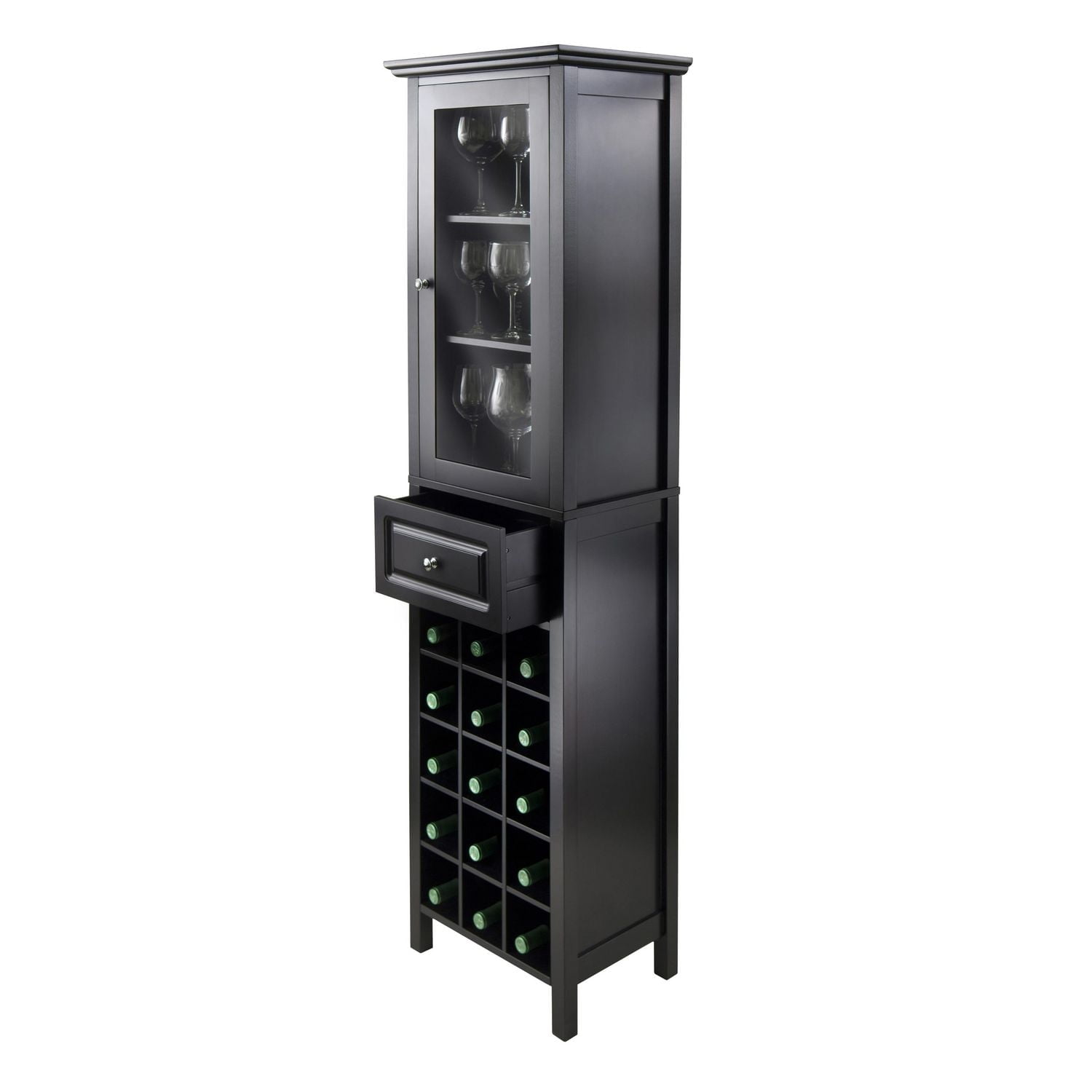 Winsome Burgundy Wine Cabinet 15-Bottle, Glass Door, Black Finish