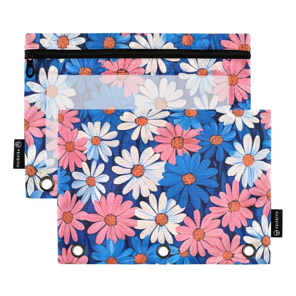 FORMRS 2 Pack Pencil Pouch for 3 Ring Binder with Clear Window Zipper Case, Pink Flowers Pattern