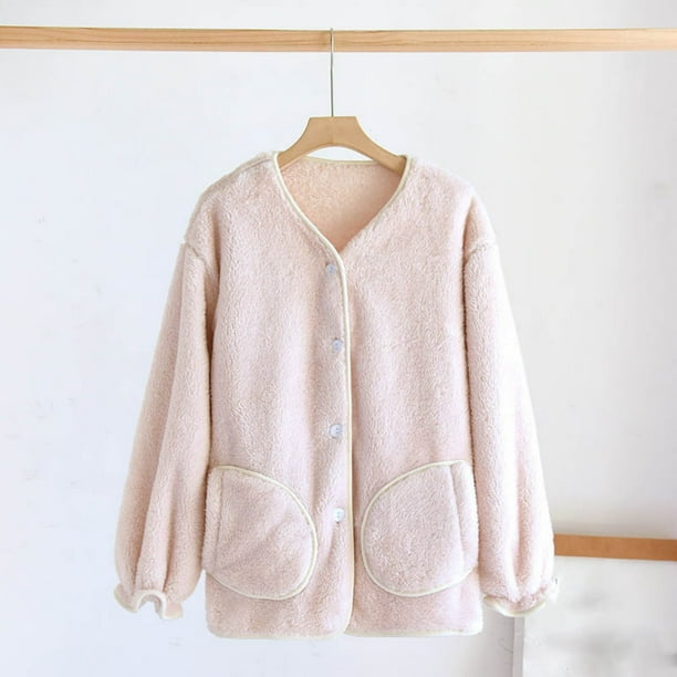 Pijama de manga larga para mujer, de invierno, grueso, liso, con botones, manga larga, cálido y terciopelo, para el hogar. Pijama de poliéster para mujer.