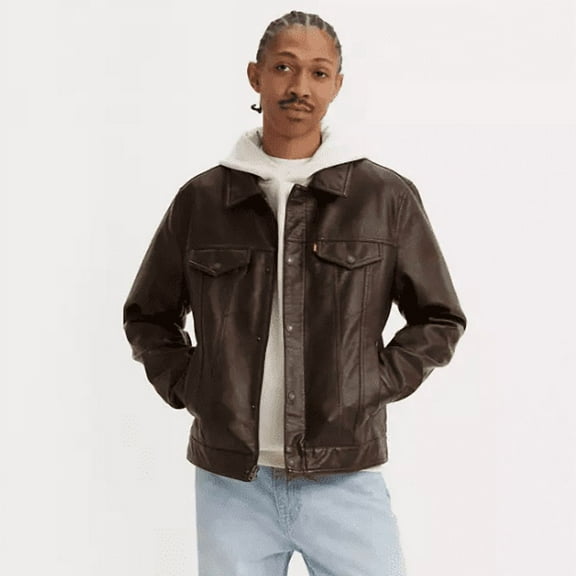 Levi's Men's Brown Faux Leather Trucker Jacket, Medium
