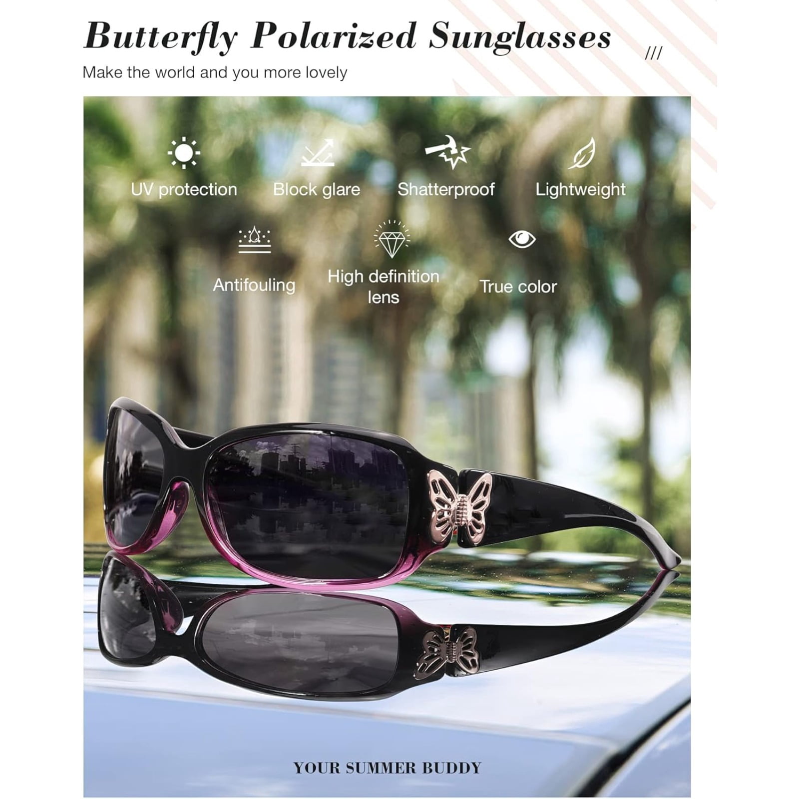 Polarized Sunglasses for Women with Wrap Around Butterfly Design, Trendy Jackie-O Style for UV400 Protection