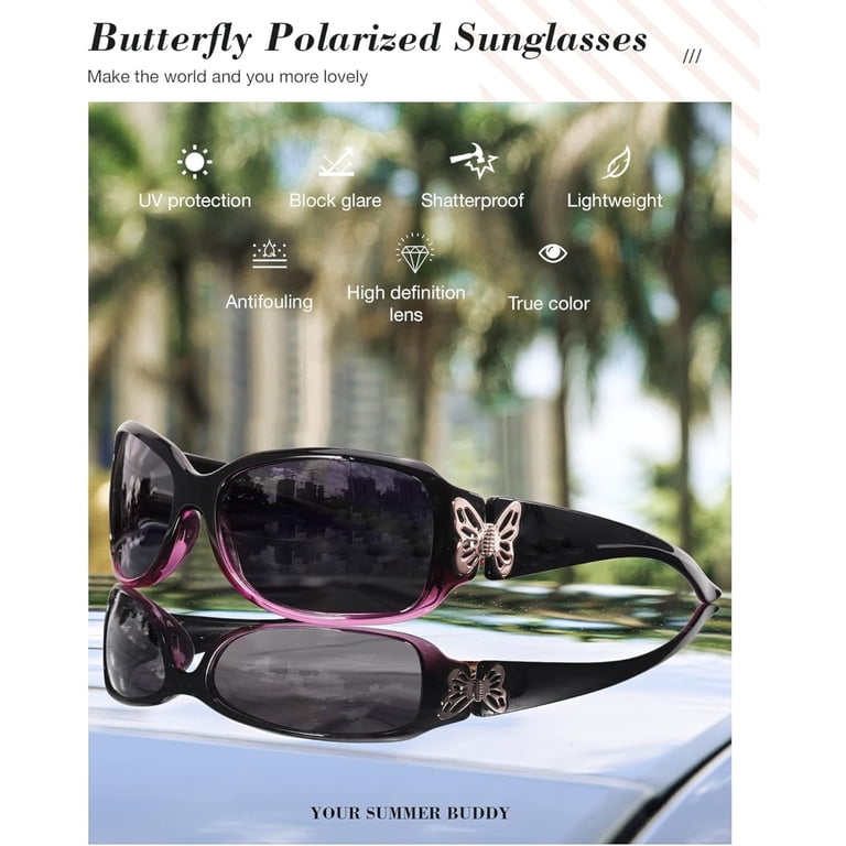 Polarized Wrap Around Sunglasses with Butterfly Decor, UV400 FEISEDY Trendy Polarized Oval Sunglasses Wrap Around  main image 4